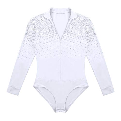 TiaoBug Leotardo de Danza Latina Tango Rumba Patinaje para Hombres Maillot Brillo Manga Larga de Gimnasia Fitness Práctica Bodysuit Monos Cuello en V Blanco XXL