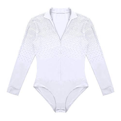 TiaoBug Leotardo de Danza Latina Tango Rumba Patinaje para Hombres Maillot Brillo Manga Larga de Gimnasia Fitness Práctica Bodysuit Monos Cuello en V Blanco XXL