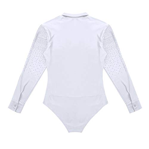 TiaoBug Leotardo de Danza Latina Tango Rumba Patinaje para Hombres Maillot Brillo Manga Larga de Gimnasia Fitness Práctica Bodysuit Monos Cuello en V Blanco XXL