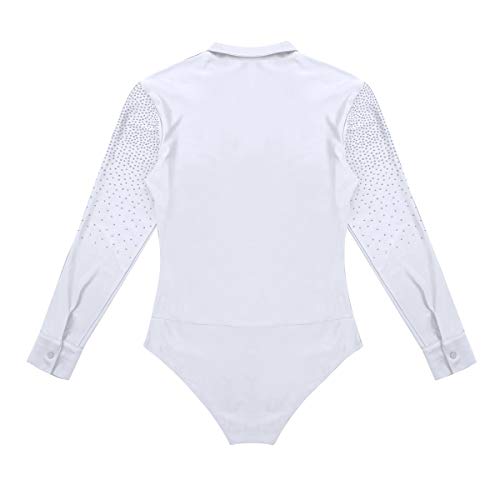 TiaoBug Leotardo de Danza Latina Tango Rumba Patinaje para Hombres Maillot Brillo Manga Larga de Gimnasia Fitness Práctica Bodysuit Monos Cuello en V Blanco XXL