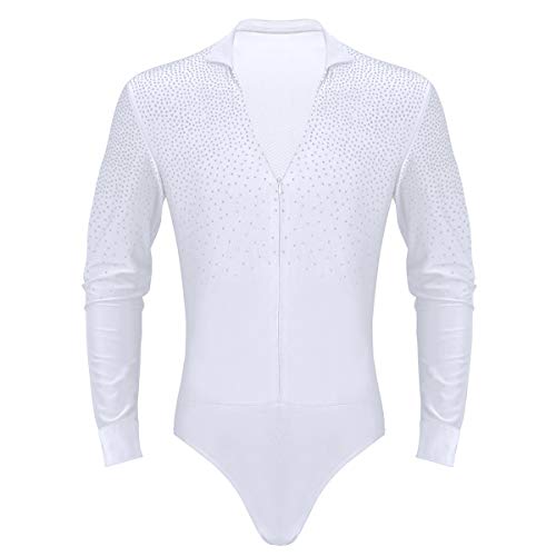 TiaoBug Leotardo de Danza Latina Tango Rumba Patinaje para Hombres Maillot Brillo Manga Larga de Gimnasia Fitness Práctica Bodysuit Monos Cuello en V Blanco XXL