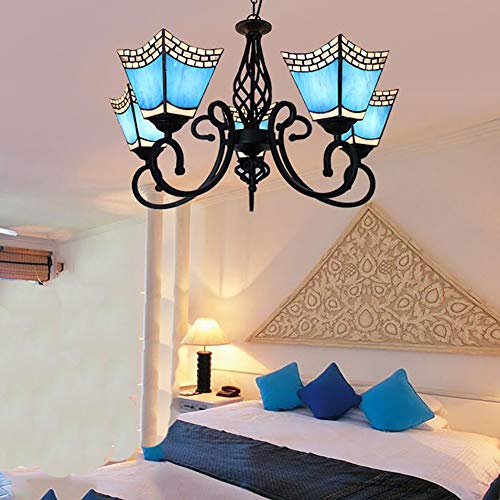 Tiffany Estilo Barroco 35"ancho Lámpara De Araña De Luz,Azul Manchada Glass Sombra Antigua Estilo 3 5 6 8 Luces Colgantes Lámpara De Araña Para Sala De Estar Dormitorio Hotel-Tiffany azul 5 cabezas