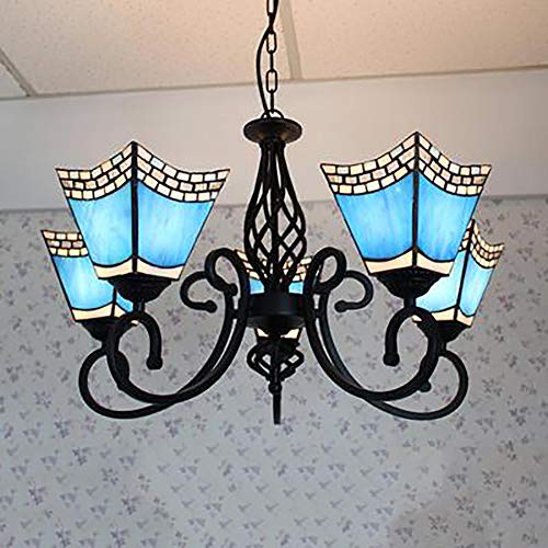 Tiffany Estilo Barroco 35"ancho Lámpara De Araña De Luz,Azul Manchada Glass Sombra Antigua Estilo 3 5 6 8 Luces Colgantes Lámpara De Araña Para Sala De Estar Dormitorio Hotel-Tiffany azul 5 cabezas