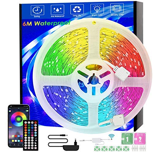 Tiras LED de 6M con Controlador Bluetooth, Sincronización Musical, Cambio de Color, Control Remoto de 40 Teclas, Micrófono Incorporado, Luz LED RGB 5050 Controlada por Teléfono, Impermeables