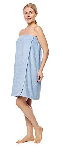 Toalla de Sauna de Baño Mujer Vestido de Sauna 100% Algodón Orgánico, con Cierre de Gancho y Bucle de Banda elástica, Azul Claro, Petite/Small