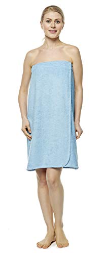 Toalla de Sauna de Baño Mujer Vestido de Sauna 100% Algodón Orgánico, con Cierre de Gancho y Bucle de Banda elástica, Azul Claro, Petite/Small