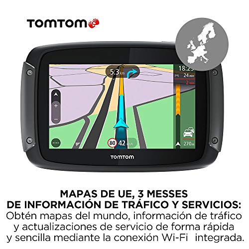 TomTom Rider 50 - GPS para motocicletas (4.3 pulgadas con carreteras montañosas, Wi-Fi, para Siri y Google Now, Traffic y Radares de tráfico para 3 meses, 24 mapas) + TomTom Funda Protectora clásica