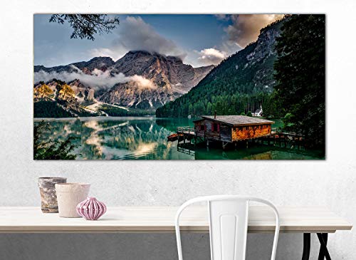 Topquadro Cuadro XXL sobre Lienzo, Imagen Panorámica 100x50cm, Casa Rural en Las Dolomitas, Montañas y Lago - Naturaleza, Italia - Decoración de Pared, Imagen Panorámica - Una Pieza