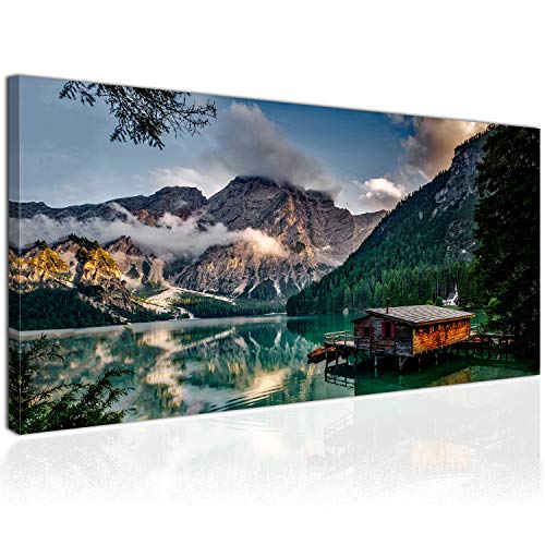 Topquadro Cuadro XXL sobre Lienzo, Imagen Panorámica 100x50cm, Casa Rural en Las Dolomitas, Montañas y Lago - Naturaleza, Italia - Decoración de Pared, Imagen Panorámica - Una Pieza