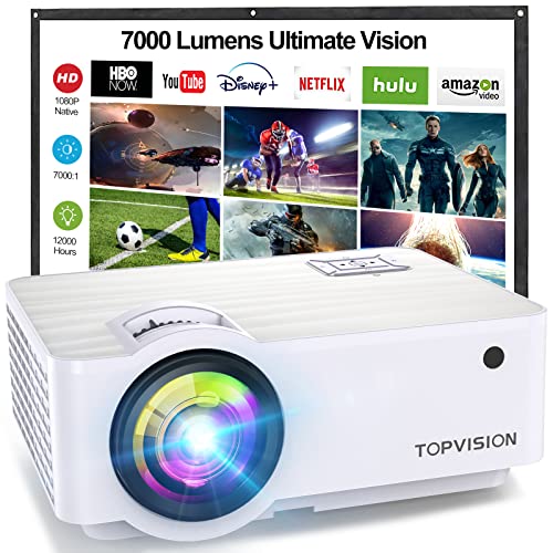 TOPVISION Proyector Cine en Casa de 7000 Lúmenes, 1080P Nativo Mini Proyector Portátil, Proyector LCD 1080P Full HD de 120000 Horas con Pantalla Máx de 300", Compatible con HDMI/VGA/USB/AV/SD