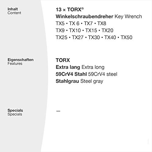 TORX® 70464 Juego de Llaves (Extralargas) 13pz, TX5–TX50 — Made in Germany