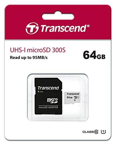 Transcend Usd300S Tarjeta Microsd de 64Gb, Clase 10, U1, A1, Hasta 95 Mbs de Lectura, con Adaptador Sd