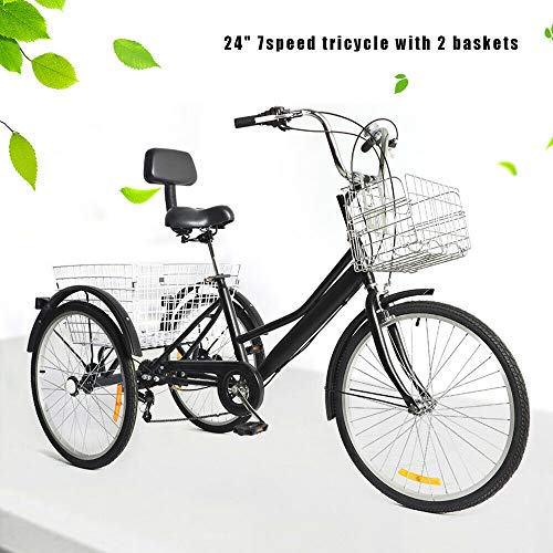 Triciclo de 24 pulgadas para adultos, ajustable, compra de 3 ruedas, bicicleta de 7 velocidades, con cesta para adultos, bicicleta cómoda (no plegable)