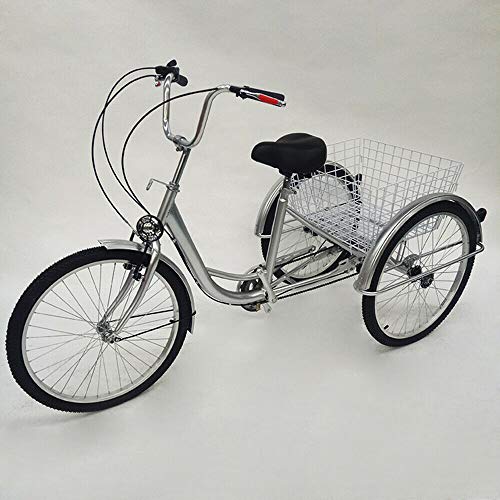 Triciclo de 24 pulgadas para adultos, unisex, triciclo de 3 ruedas, 6 velocidades, con cambio y cesta plateada, bicicleta para personas mayores, de compras plateada