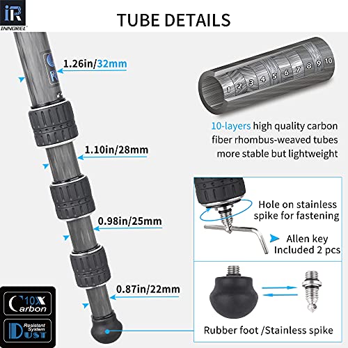 Trípode de fibra de carbono-INNOREL CT85C Trípode portátil profesional para cámara DSLR con centro de baja gravedad Cabezal panorámico de 360 ° y columna central corta Tubo de 32 mm Carga máxima 25 kg