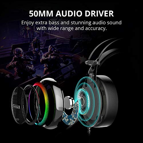 Tronsmart Glary Cascos Gaming, Auriculares Gaming Sonido Envolvente 7.1- Driver Audio de 50 mm-Profesional Gaming Headset con Micrófono-Cancelación de Ruido para Mac/PC