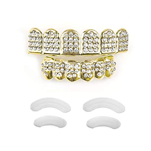 TSANLY Grillz de Diamantes Baño de Oro 14 Quilates. Juego de Tapas Superior e Inferior Parece Diamante Real + Caja Clásico + Paño de Microfibra