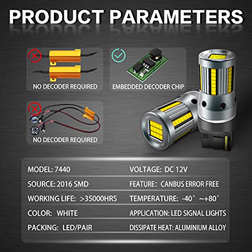 TUINCYN Bombilla LED 7440 W21W más nueva con resistencia de carga incorporada 12V 7440NA 7441 992 T20 CANBUS Señal de giro Luz trasera Luz de marcha atrás Luz de freno, blanco