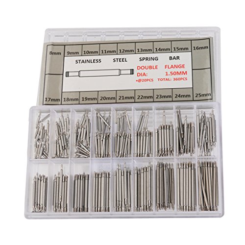 ueetek 360 pieza Relojes Acero Inoxidable Pasadores 8 – 25 mm Acero Inoxidable Spring bares Pin Reloj de pulsera Herramienta Reparación Extractor Set (Plata)