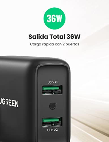 UGREEN 36W Cargador Quick Charge 3.0, Cargador USB Cargador Móvil Rápido Doble USB Cargador de Pared QC 3.0 para Xiaomi Mi 9 Redmi 10 Redmi 9 Redmi Note 9 Note 9 Pro Galaxy S21 S20 S10 S9 S8 Note 8