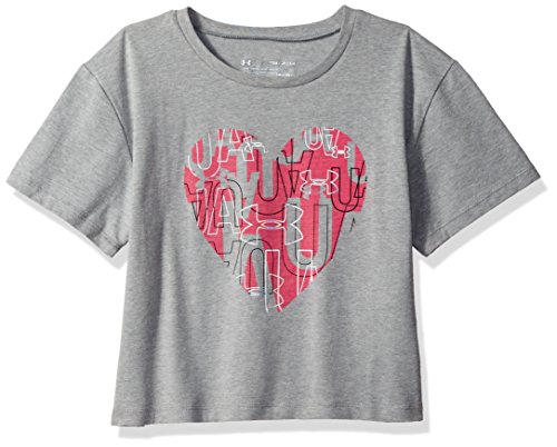 Under Armour Girls Hearts Logo Short sleeve Tee, Steel Light Heather (035)/Penta Pink, Youth Small