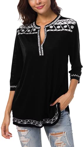 urban GoCo Mujer Camisas Manga 3/4 Boho Blusa Bordado T-Shirt Tops (Medium, Negro)