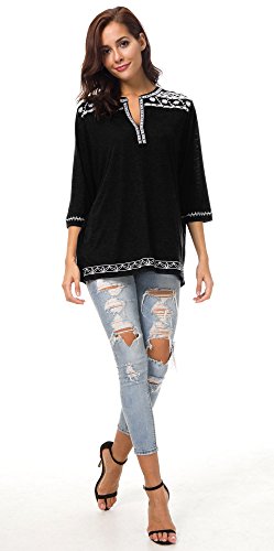 urban GoCo Mujer Camisas Manga 3/4 Boho Blusa Bordado T-Shirt Tops (Medium, Negro)