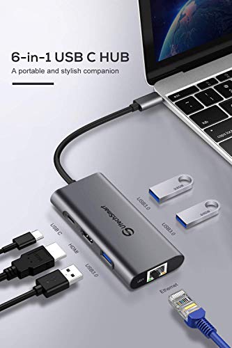 UtechSmart - Hub USB C 6 en 1 Adaptador USB C a HDMI con 1000M Ethernet, Puerto de Carga PD Tipo C, 3 Puertos USB 3.0 Adaptador Compatible con MacBook Pro, Chromebook, XP y Dispositivos USB C