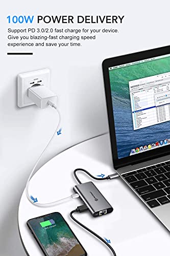 UtechSmart - Hub USB C 6 en 1 Adaptador USB C a HDMI con 1000M Ethernet, Puerto de Carga PD Tipo C, 3 Puertos USB 3.0 Adaptador Compatible con MacBook Pro, Chromebook, XP y Dispositivos USB C