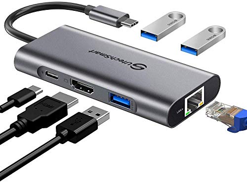 UtechSmart - Hub USB C 6 en 1 Adaptador USB C a HDMI con 1000M Ethernet, Puerto de Carga PD Tipo C, 3 Puertos USB 3.0 Adaptador Compatible con MacBook Pro, Chromebook, XP y Dispositivos USB C