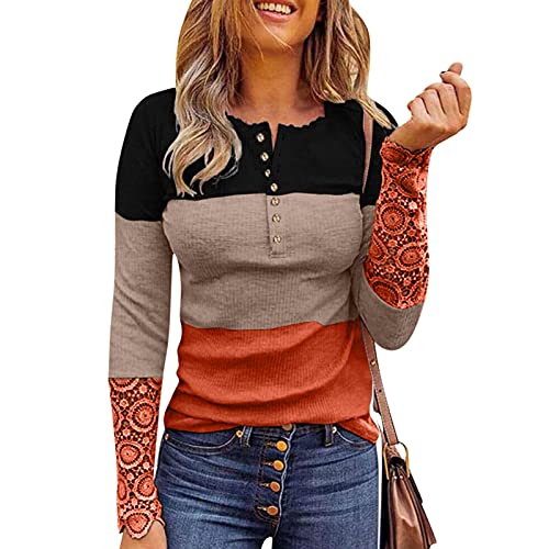 VEMOW Blusas y Camisa Mujer Sexy Camisetas de Tops Manga Larga Blusas Corte Bajo Cuello en V Ropa, Elegantes Moda Color Sólido Delgado Botones Tops Jerseys Casual Blusas Sudadera Tapas(S05 Naranja,S)