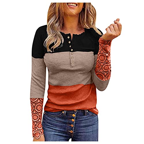 VEMOW Blusas y Camisa Mujer Sexy Camisetas de Tops Manga Larga Blusas Corte Bajo Cuello en V Ropa, Elegantes Moda Color Sólido Delgado Botones Tops Jerseys Casual Blusas Sudadera Tapas(S05 Naranja,S)