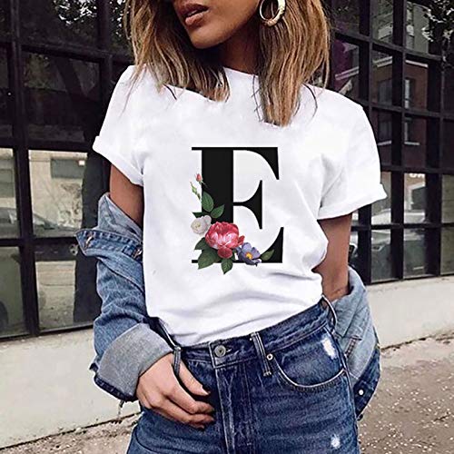 VEMOW Camiseta de Mujer Manga Corta Suelta con Cuello Redondo Talla Grande, Moda Impresión de 26 Letras Inglesas Basica Suelto Verano Camisa Tops Casual Fiesta T-Shirt para el Mejor Amigo(E,XL)