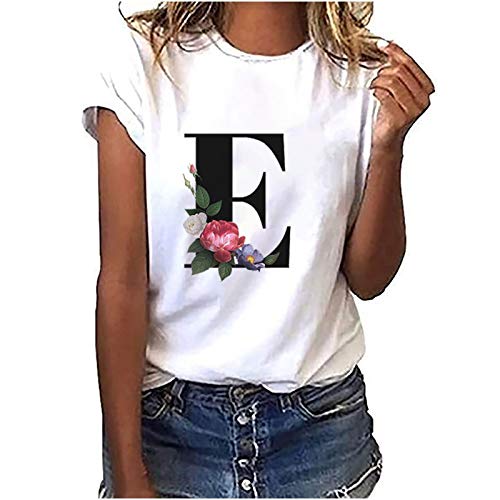 VEMOW Camiseta de Mujer Manga Corta Suelta con Cuello Redondo Talla Grande, Moda Impresión de 26 Letras Inglesas Basica Suelto Verano Camisa Tops Casual Fiesta T-Shirt para el Mejor Amigo(E,XL)