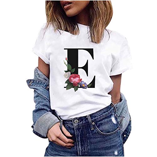 VEMOW Camiseta de Mujer Manga Corta Suelta con Cuello Redondo Talla Grande, Moda Impresión de 26 Letras Inglesas Basica Suelto Verano Camisa Tops Casual Fiesta T-Shirt para el Mejor Amigo(E,XL)