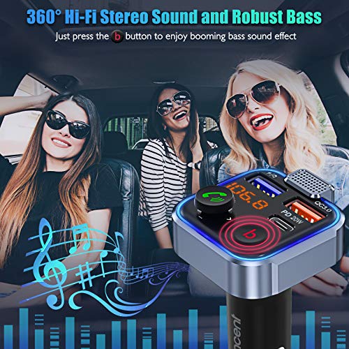 [Versión 2021] LENCENT Transmisor FM Bluetooth 5.0,Manos Libres Reproductor Música Coche, Deep Bass Sonido Hi-Fi, Adaptador Radio Bluetooth 2 USB+Tipo C 20W Carga Rápida, Soporte Memoria USB