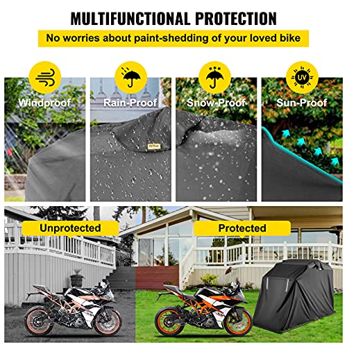 VEVOR Funda Moto de Tela Oxford 600D, Cubierta de La Motocicleta Tamaño L, Funda para Moto, a Prueba de UV, Lluvia, Polvo, Impermeable Cubierta, Color Negro (345 cm x 137 cm x 180 cm con Candado)