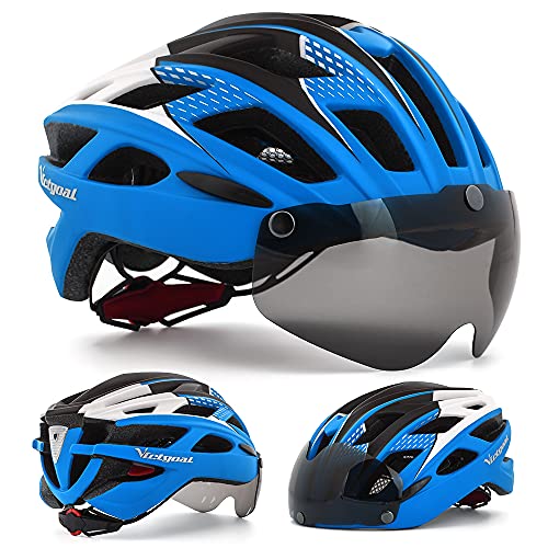 VICTGAOL Casco Bicicleta Helmet Bici Ciclismo para Adulto con Luz Trasera LED Visera Extraíble Hombres Mujeres Adultos de Bicicleta para Montar (Azul)