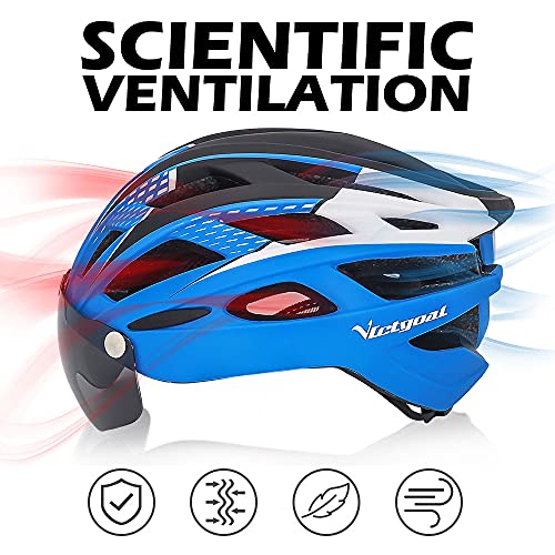 VICTGAOL Casco Bicicleta Helmet Bici Ciclismo para Adulto con Luz Trasera LED Visera Extraíble Hombres Mujeres Adultos de Bicicleta para Montar (Azul)