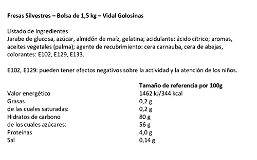 Vidal Golosinas Fresas Silvestres, Caramelo de Goma con Sabor y Forma de Fresa, Colores Verde y Rojo. Bolsa 1.5 Kg