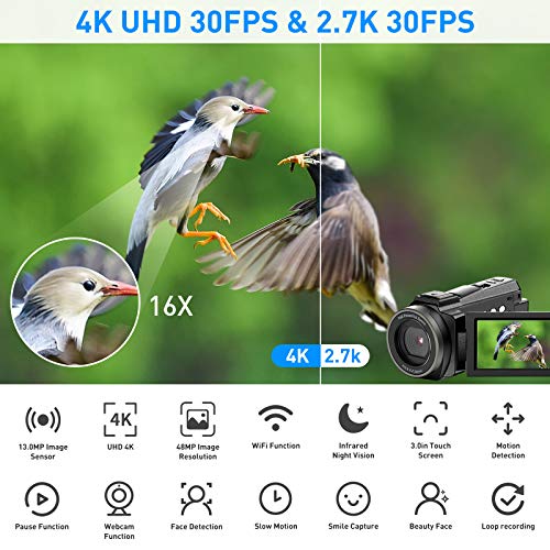 Videocámara 4K de 48 MP con Wi-Fi y visión nocturna infrarroja, cámara para blogs de vídeo con zoom digital 16X, videocámara con micrófono, soporte para cámara y parasol para objetivo