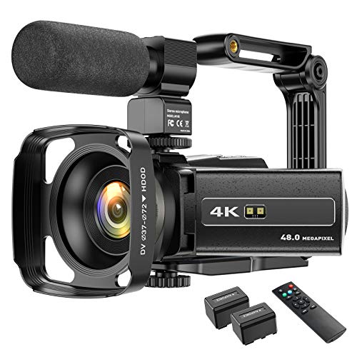 Videocámara 4K de 48 MP con Wi-Fi y visión nocturna infrarroja, cámara para blogs de vídeo con zoom digital 16X, videocámara con micrófono, soporte para cámara y parasol para objetivo