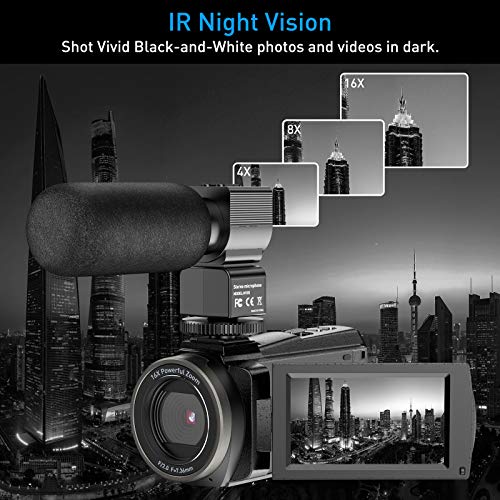 Videocámara 4K de 48 MP con Wi-Fi y visión nocturna infrarroja, cámara para blogs de vídeo con zoom digital 16X, videocámara con micrófono, soporte para cámara y parasol para objetivo
