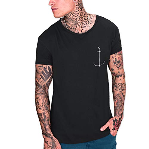 VIENTO Minimal Anchor Camiseta Cuello Abierto para Hombre (Negro, M)