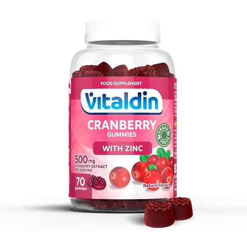 VITALDIN Cranberry gummies – 500 mg de extracto de Arándano Rojo por dosis diaria + Zinc – 70 gominolas (suministro para 1 mes), sabor a Arándanos – Ayuda al Tracto Urinario – Vegano & Sin Gluten