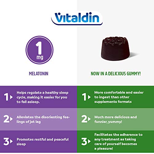 VITALDIN Melatonina gummies - 1 mg por dosis diaria - 70 gominolas (suministro para 2 meses), sabor a Mora - Ayuda a Conciliar el Sueño - Sin Gluten - Apto para Niños & Adultos