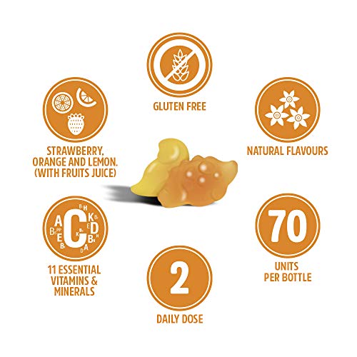 VITALDIN Multivitaminas Kids gummies - Complemento Alimenticio para Niños con 11 Vitaminas & Minerales - 70 gominolas (suministro para 1 mes); sabor a Frutas - Vitalidad & Inmunidad - Sin Gluten 140 g