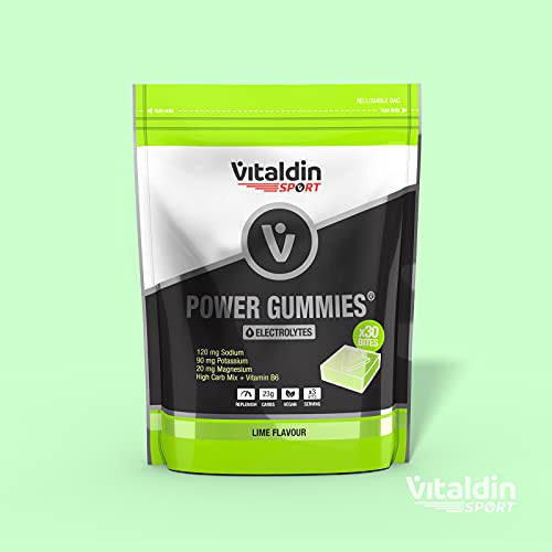 VITALDIN SPORT Power Gummies Electrolytes – Reposición de electrolitos – 120 mg Sodio, 90 mg Potasio, 20 mg Magnesio por serving + Vitamina B6 – Doypack de 30 Bites de gominola – Sabor lima – Vegano