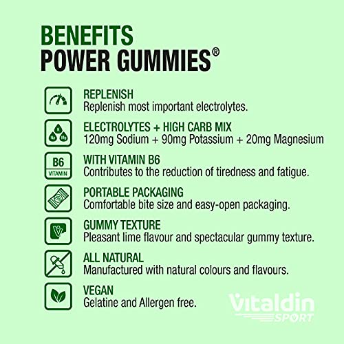 VITALDIN SPORT Power Gummies Electrolytes – Reposición de electrolitos – 120 mg Sodio, 90 mg Potasio, 20 mg Magnesio por serving + Vitamina B6 – Doypack de 30 Bites de gominola – Sabor lima – Vegano