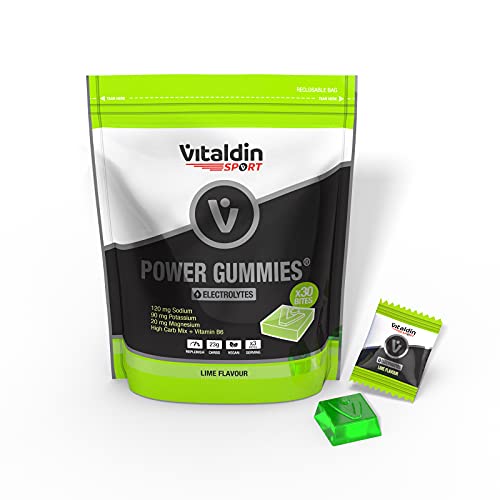 VITALDIN SPORT Power Gummies Electrolytes – Reposición de electrolitos – 120 mg Sodio, 90 mg Potasio, 20 mg Magnesio por serving + Vitamina B6 – Doypack de 30 Bites de gominola – Sabor lima – Vegano